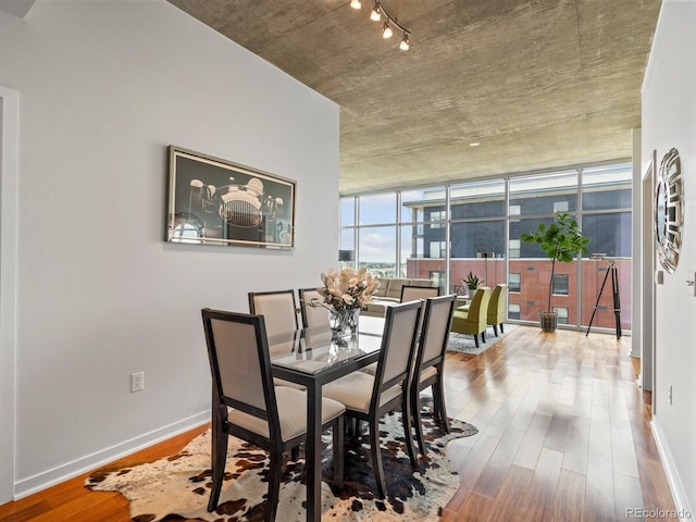 dining room featuring hardwood / wood-style floors, expansive windows, and rail lighting