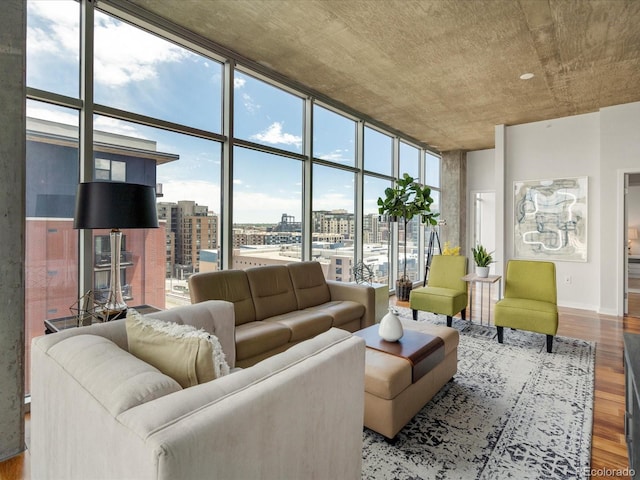 living room featuring hardwood / wood-style floors and expansive windows