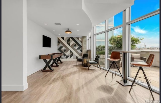 interior space featuring floor to ceiling windows and light hardwood / wood-style flooring