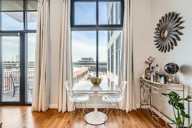 dining room featuring a city view and wood finished floors