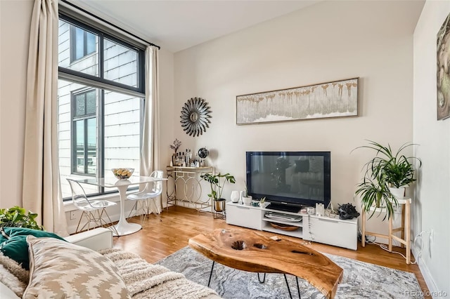 living room featuring a wealth of natural light, baseboards, and wood finished floors