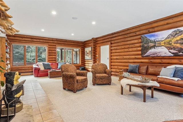 living area with rustic walls, tile patterned floors, and recessed lighting