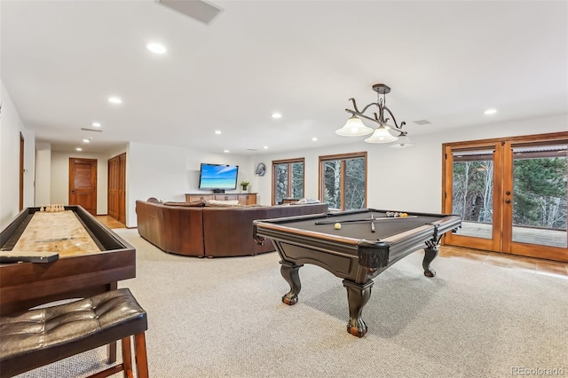 rec room with french doors, recessed lighting, pool table, light colored carpet, and visible vents