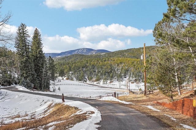 view of mountain feature featuring a forest view