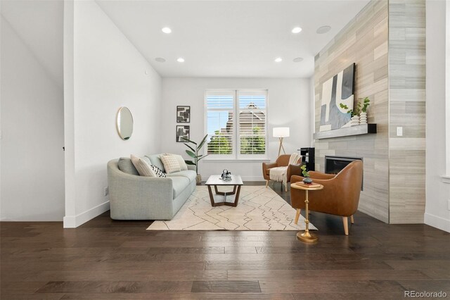 10295 E 59th Ave, Denver, CO 80238 - living room featuring wood finished floors, recessed lighting, and a large fireplace