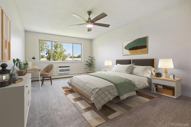 bedroom featuring a wall unit AC, light carpet, ceiling fan, and a baseboard radiator