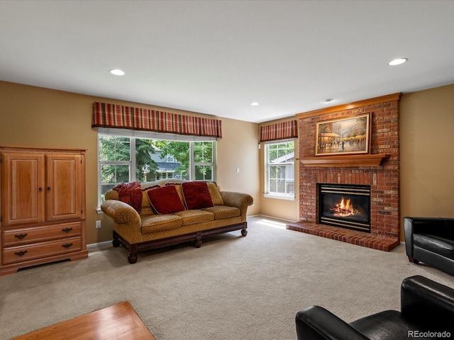 8953 W Brandt Pl, Littleton, CO 80123 - carpeted living room with a brick fireplace and recessed lighting