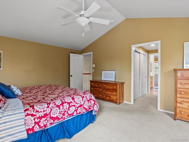 8953 W Brandt Pl, Littleton, CO 80123 - bedroom featuring vaulted ceiling, light carpet, a closet, and a ceiling fan