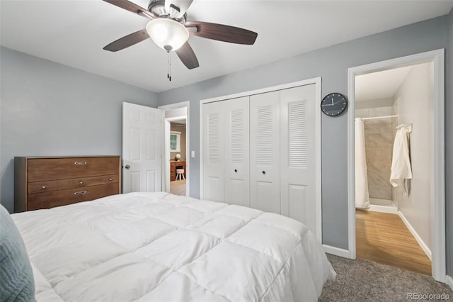 6514 Zinnia St, Arvada, CO 80004 - carpeted bedroom with a closet, a ceiling fan, and ensuite bath