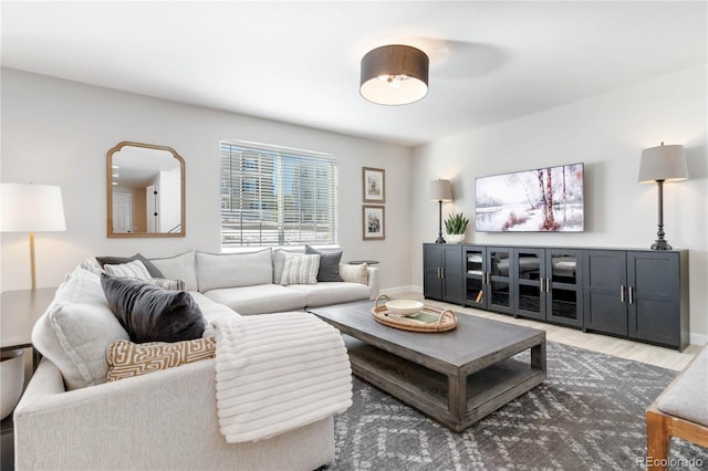 living room with ceiling fan and hardwood / wood-style flooring