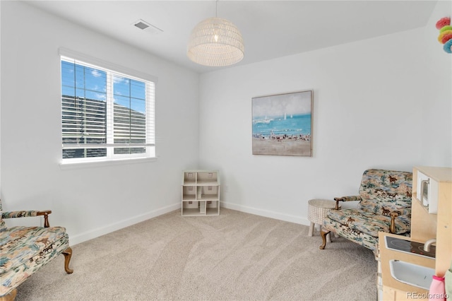 living area featuring carpet flooring