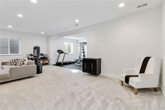 workout area featuring light colored carpet