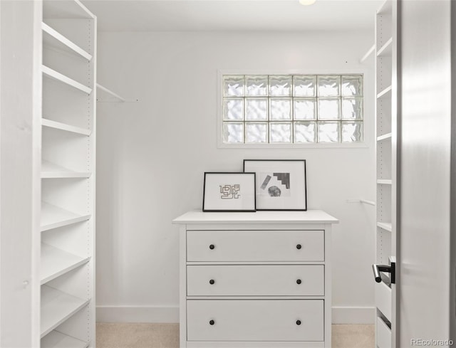 walk in closet with light colored carpet