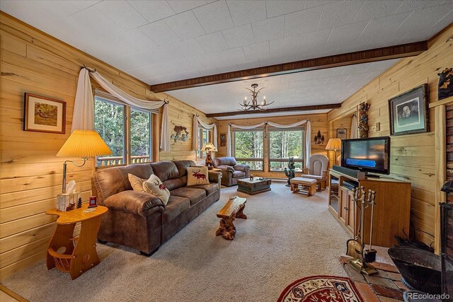 3938 County Road 60, Grant, CO 80448 - carpeted living area with wooden walls, beamed ceiling, and a chandelier