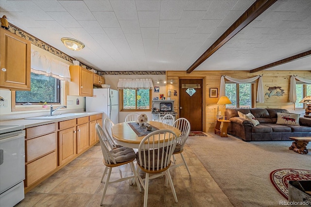 3938 County Road 60, Grant, CO 80448 - dining space with wooden walls, beam ceiling, and light colored carpet