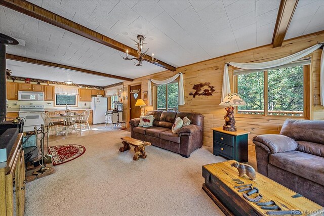 3938 County Road 60, Grant, CO 80448 - living room featuring wooden walls, beamed ceiling, light carpet, a wood stove, and a chandelier
