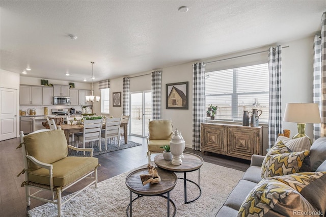 living room featuring dark hardwood / wood-style flooring and a textured ceiling