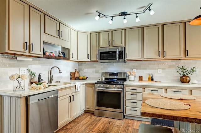 kitchen featuring backsplash, stainless steel appliances, sink, and light wood-type flooring