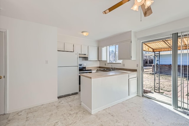 kitchen with sink, stainless steel range with electric stovetop, white refrigerator, kitchen peninsula, and white cabinets