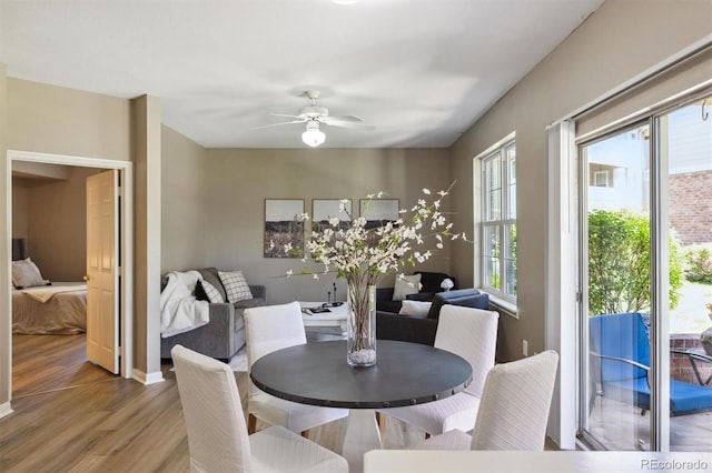 12914 Ironstone Way Unit 102, Parker, CO 80134 - dining room featuring wood finished floors, ceiling fan, and baseboards