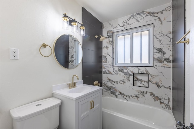 full bath featuring toilet, vanity, and bathtub / shower combination