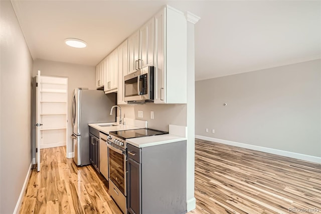 kitchen with white cabinetry, stainless steel appliances, sink, and light wood-type flooring