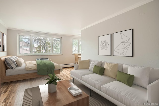 living room featuring baseboard heating, a healthy amount of sunlight, ornamental molding, and light wood-type flooring