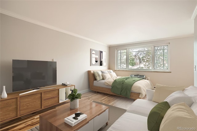 living room with crown molding and light wood-type flooring