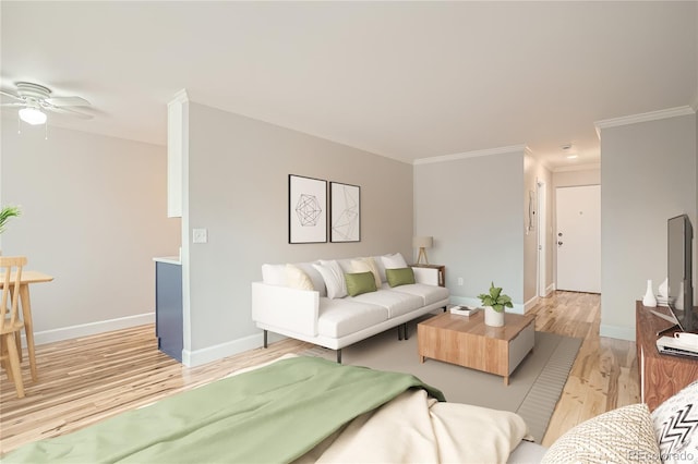 living room with crown molding, wood-type flooring, and ceiling fan