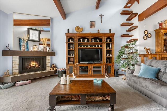 7300 W Stetson Pl Unit 46, Littleton, CO 80123 - living room with carpet, beamed ceiling, and a fireplace