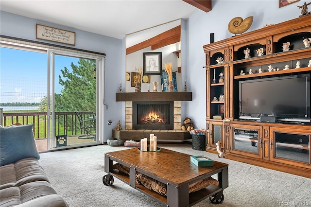7300 W Stetson Pl Unit 46, Littleton, CO 80123 - carpeted living room featuring beam ceiling and a stone fireplace