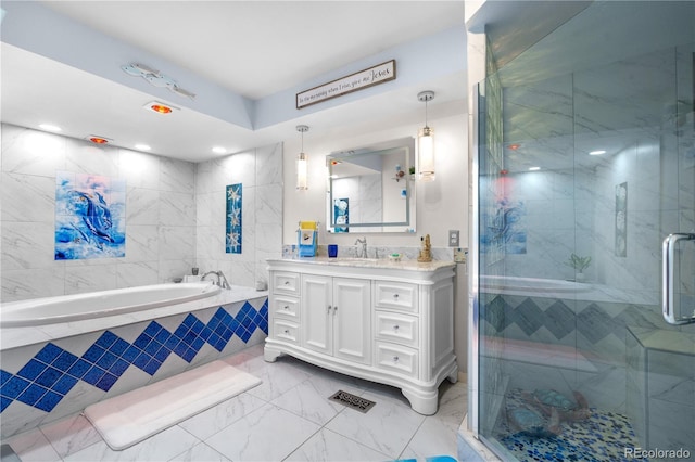 7300 W Stetson Pl Unit 46, Littleton, CO 80123 - full bath with vanity, a garden tub, a shower stall, marble look tiles, and recessed lighting