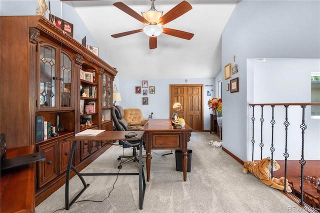 7300 W Stetson Pl Unit 46, Littleton, CO 80123 - office area featuring light colored carpet, a ceiling fan, high vaulted ceiling, and baseboards