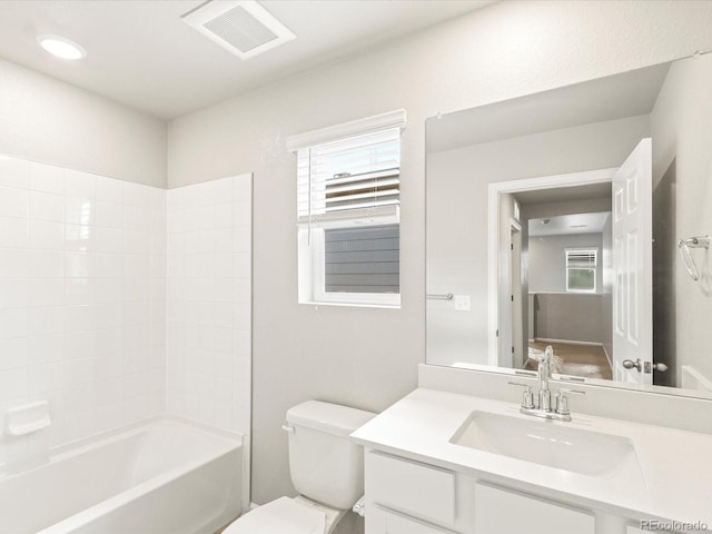 full bathroom with toilet, tub / shower combination, and vanity