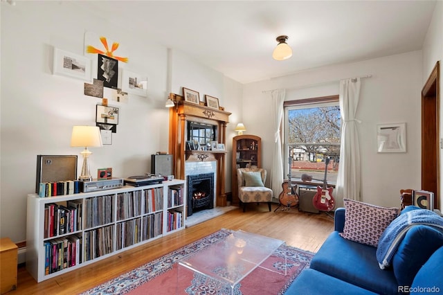 328 S Lincoln St, Denver, CO 80209 - living area featuring a lit fireplace and wood finished floors