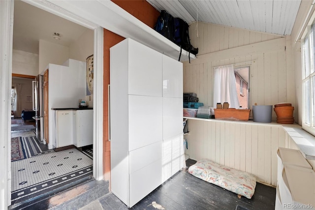 328 S Lincoln St, Denver, CO 80209 - bathroom featuring lofted ceiling, plenty of natural light, and wooden walls