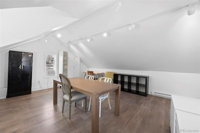 328 S Lincoln St, Denver, CO 80209 - dining space with rail lighting, lofted ceiling, wood finished floors, a baseboard radiator, and cooling unit