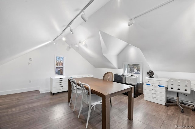 328 S Lincoln St, Denver, CO 80209 - office area with track lighting, lofted ceiling, wood finished floors, and baseboards