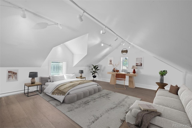 328 S Lincoln St, Denver, CO 80209 - bedroom featuring rail lighting, multiple windows, wood finished floors, and vaulted ceiling