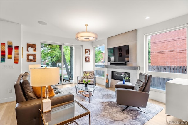 3612 Wyandot St, Denver, CO 80211 - living area featuring light wood-style floors, a fireplace, and baseboards