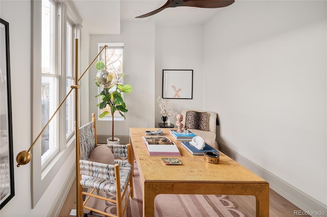 3142 W 26th Ave, Denver, CO 80211 - office area with ceiling fan, wood finished floors, and baseboards