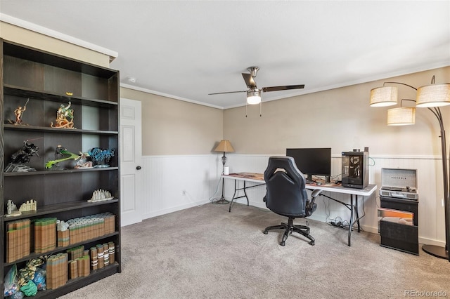 4475 London Ln, Colorado Springs, CO 80916 - carpeted office space with crown molding, ceiling fan, and wainscoting