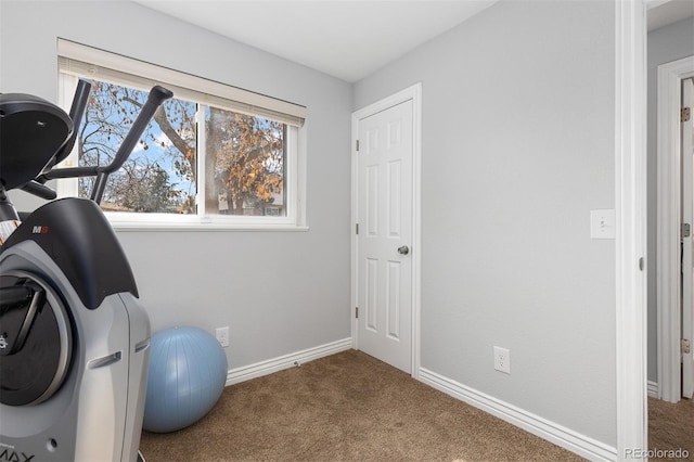 workout room featuring baseboards and carpet floors