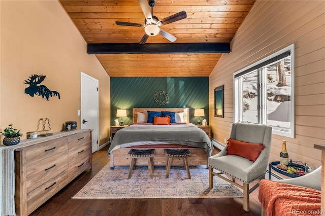 bedroom featuring wood ceiling, dark wood-style floors, and wooden walls