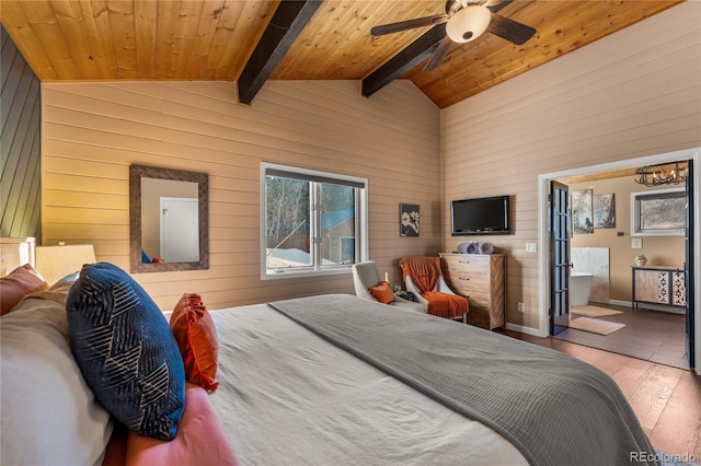 bedroom with wood-type flooring, wooden walls, wood ceiling, a ceiling fan, and ensuite bath