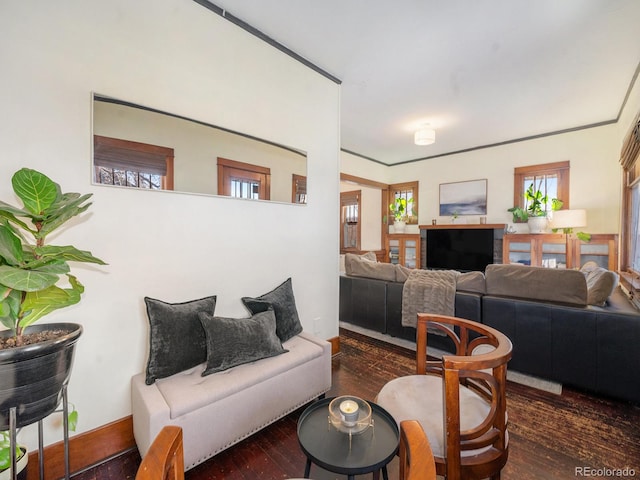 living room with crown molding and dark hardwood / wood-style floors