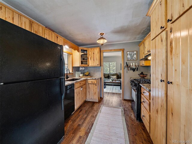 27385 Spruce Ln, Evergreen, CO 80439 - kitchen with black appliances, decorative backsplash, dark wood-style flooring, under cabinet range hood, and light stone counters