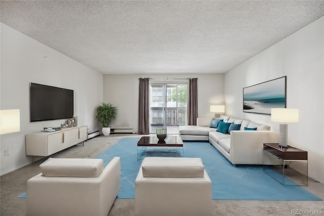 carpeted living room featuring a textured ceiling and baseboard heating