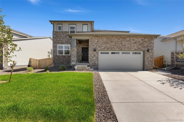 6150 Sugarloaf St, Brighton, CO 80601 - prairie-style house featuring concrete driveway, an attached garage, and stone siding