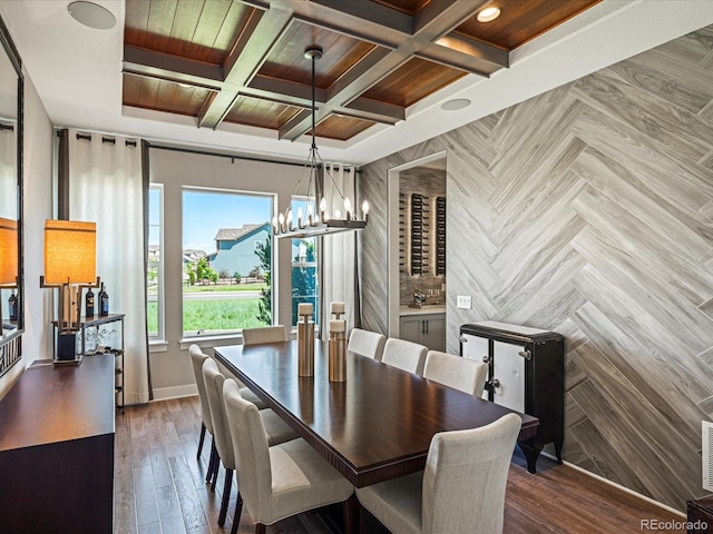 1291 Fountain Ln, Erie, CO 80516 - dining space with coffered ceiling, a chandelier, a wood ceiling with exposed beams, and wood finished floors